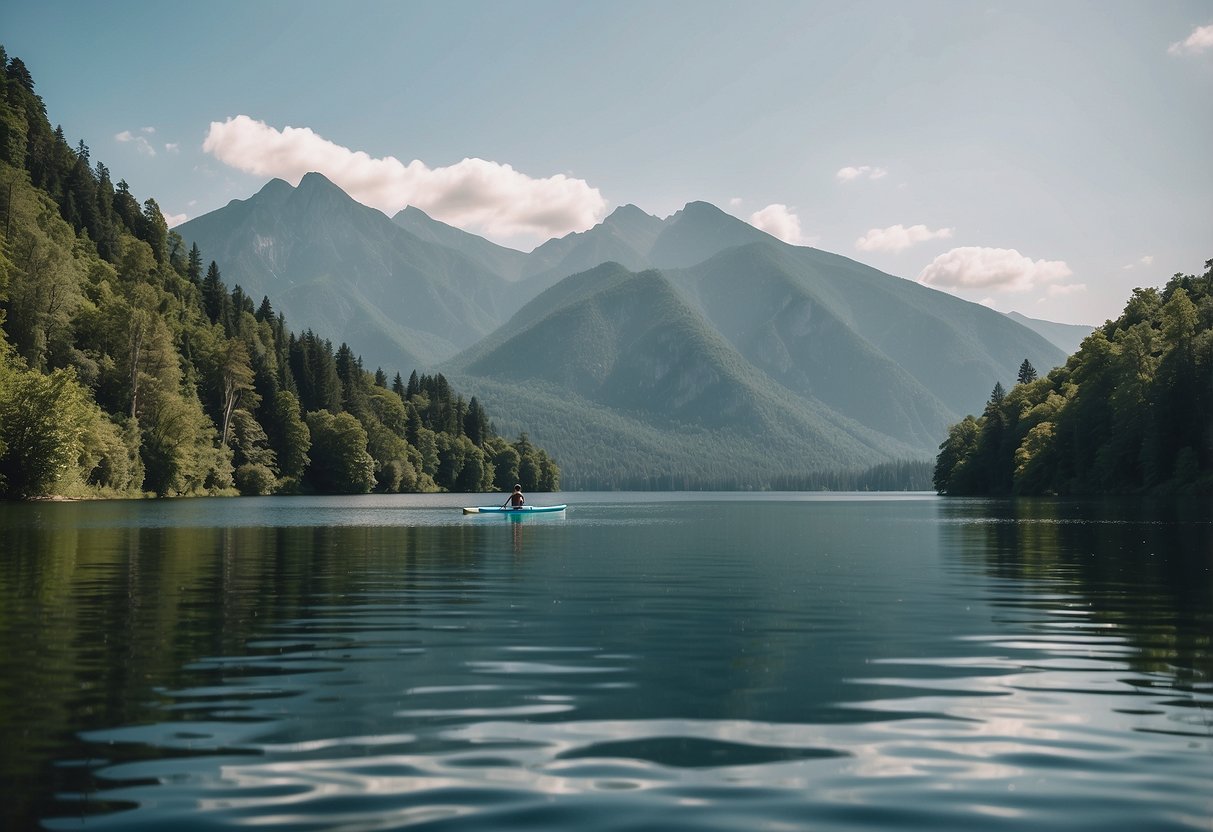 A serene lake with a lone paddleboarder gliding across the water, surrounded by lush greenery and distant mountains. The paddleboarder is equipped with basic gear, showcasing budget-friendly options for the activity