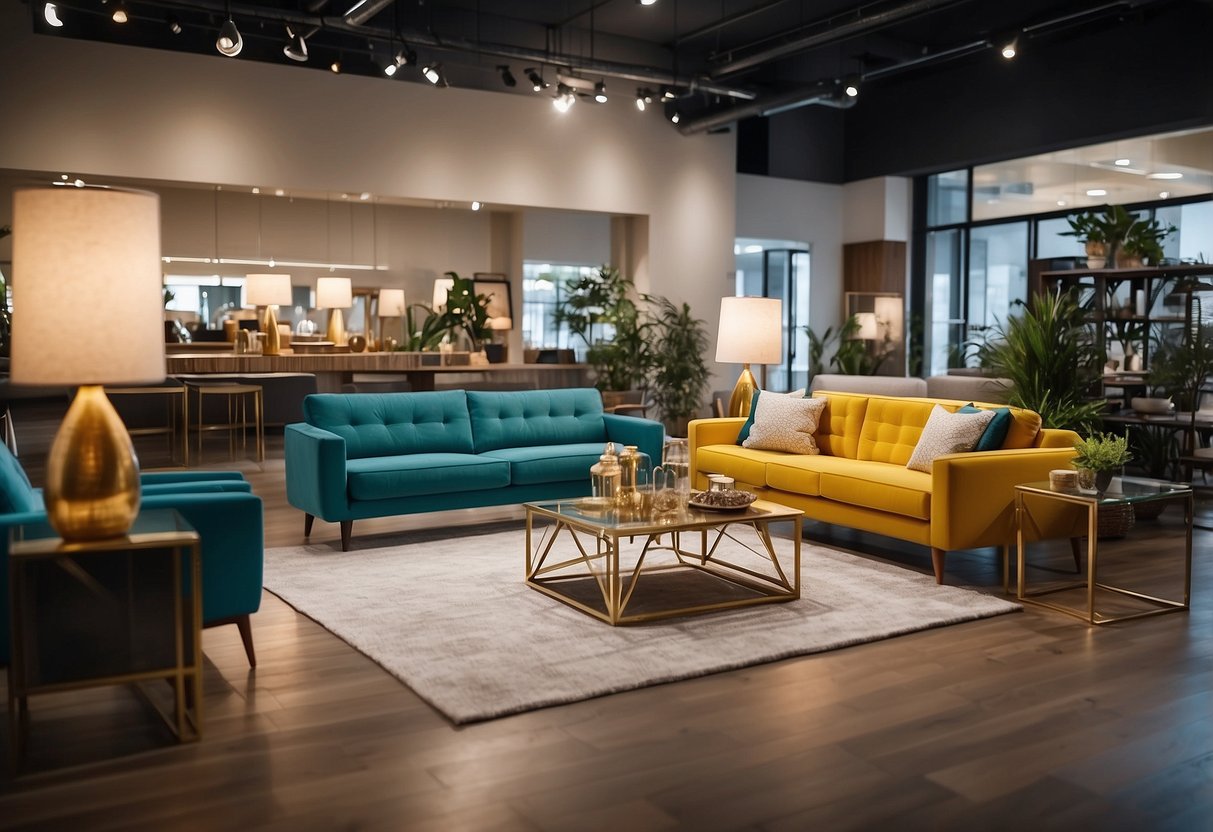 A bustling showroom with modern furniture displays and vibrant decor. Bright lighting and spacious layout create an inviting atmosphere