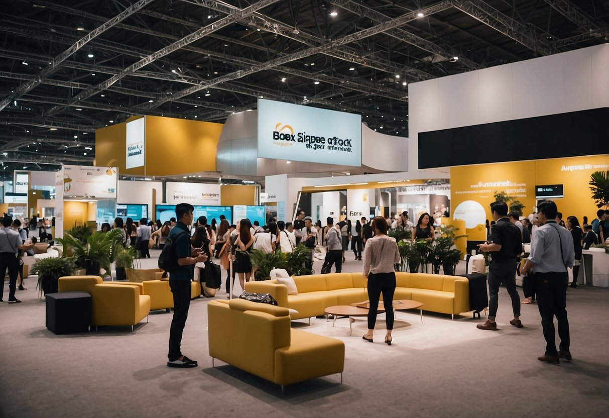 A bustling expo floor with modern furniture displays and engaging keynote speakers sharing industry insights at the Singapore Expo Furniture Fair 2018