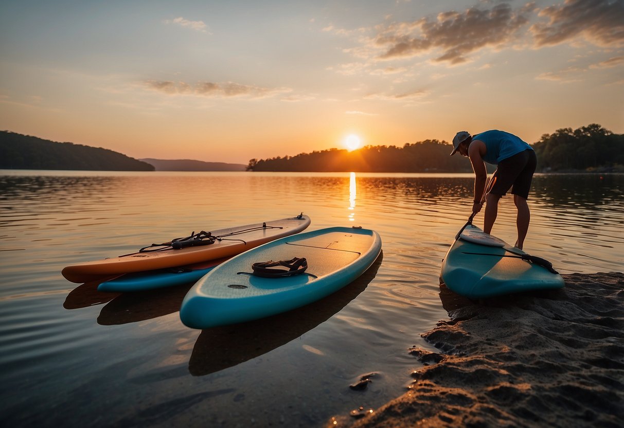 A calm lake with a colorful sunset, a stack of secondhand paddleboards on the shore, and a person's hand holding a budget-friendly paddle