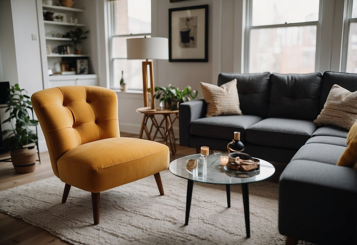 A cozy living room with a bold accent chair and a unique side table, adding personality and style to the space