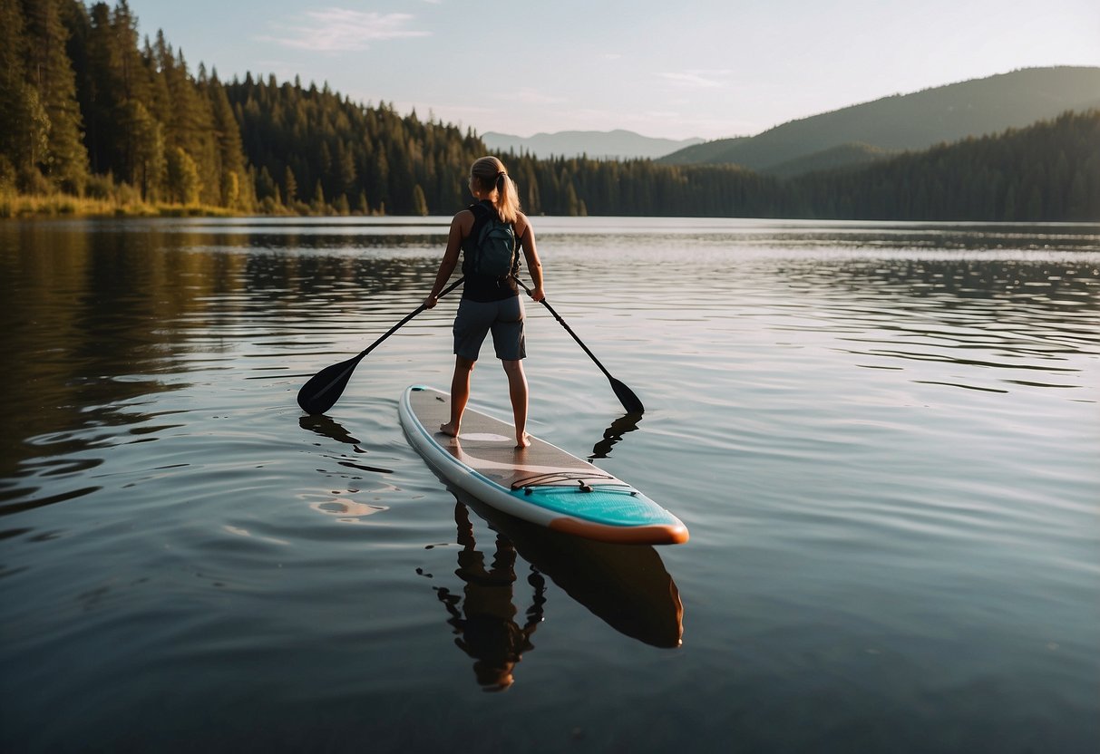 A person paddleboarding on a calm lake with a budget-friendly paddleboard and equipment, following 7 tips from a tutorial