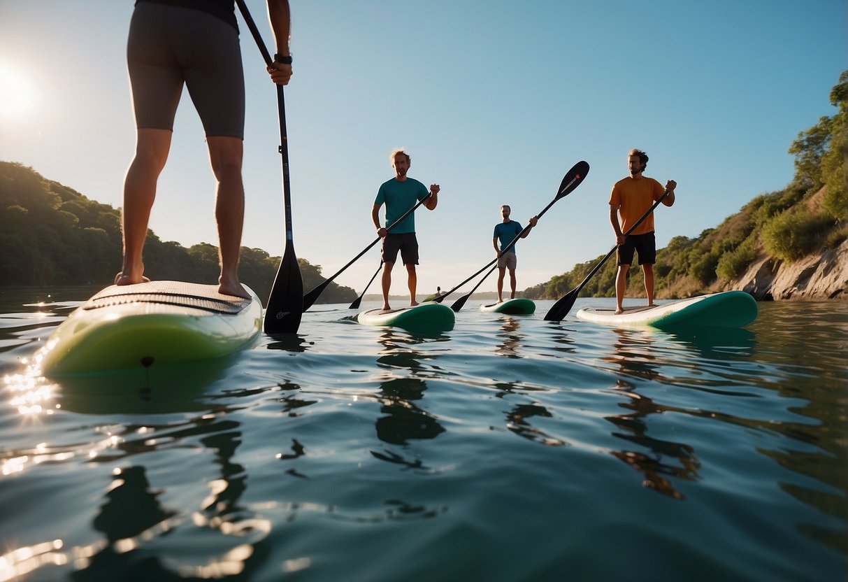 A group of paddleboarders navigate calm waters, using budget-friendly gear. They follow tips from a guide, enjoying the serene activity together