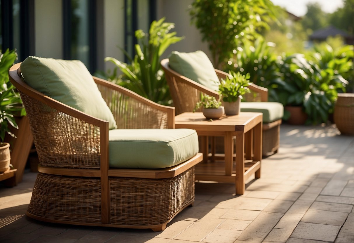 Teak and wicker outdoor furniture arranged on a patio, surrounded by lush greenery and bathed in warm sunlight