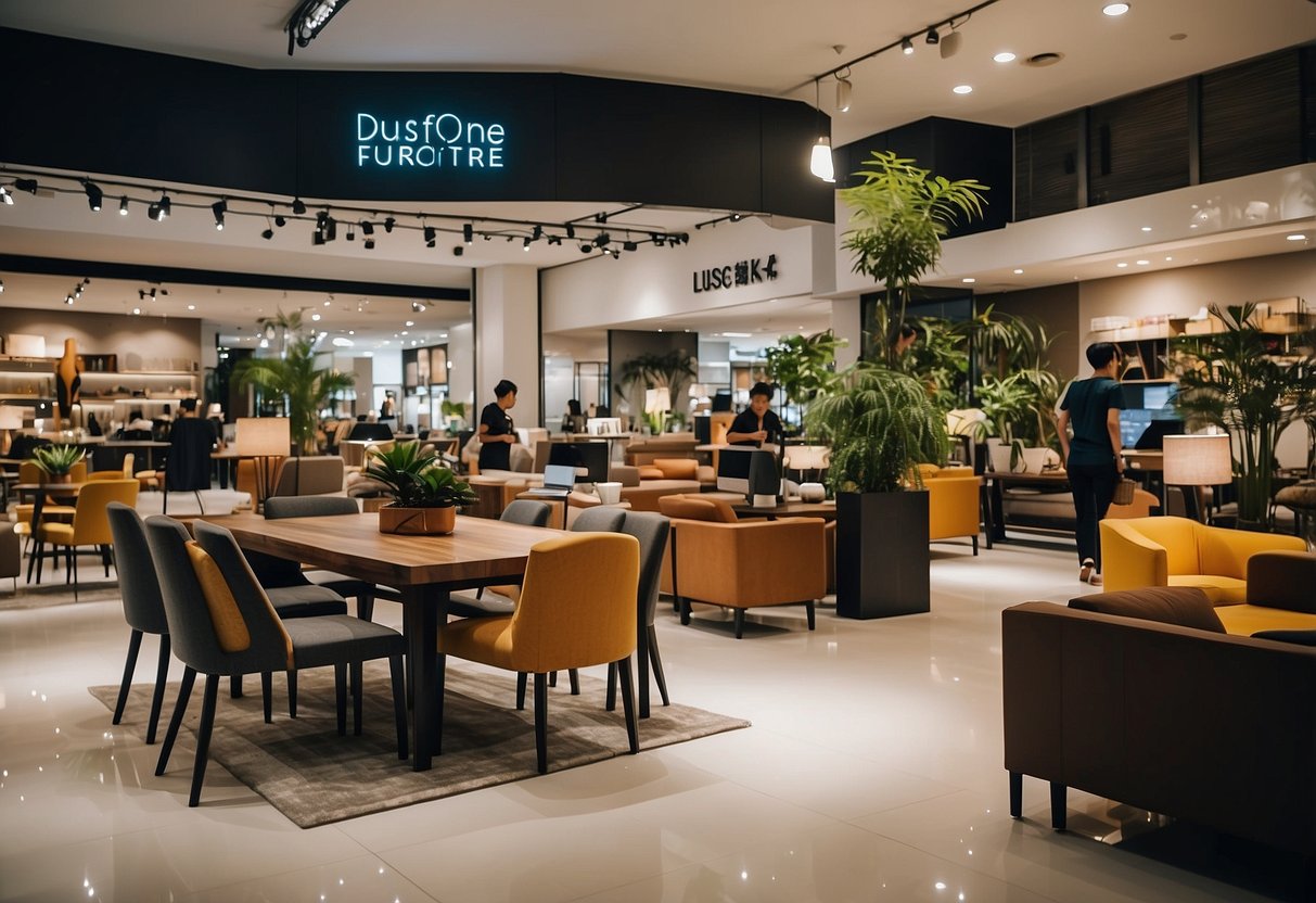 A bustling furniture outlet in Singapore, with customers browsing and staff assisting. Brightly lit displays showcase modern and stylish pieces