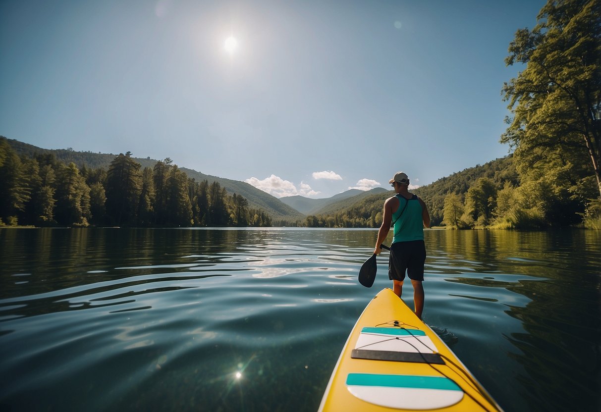 A person paddles on a calm lake, surrounded by lush green trees. They carry a paddleboard bought from a discount website, enjoying the serene setting while following budget-friendly tips for paddleboarding