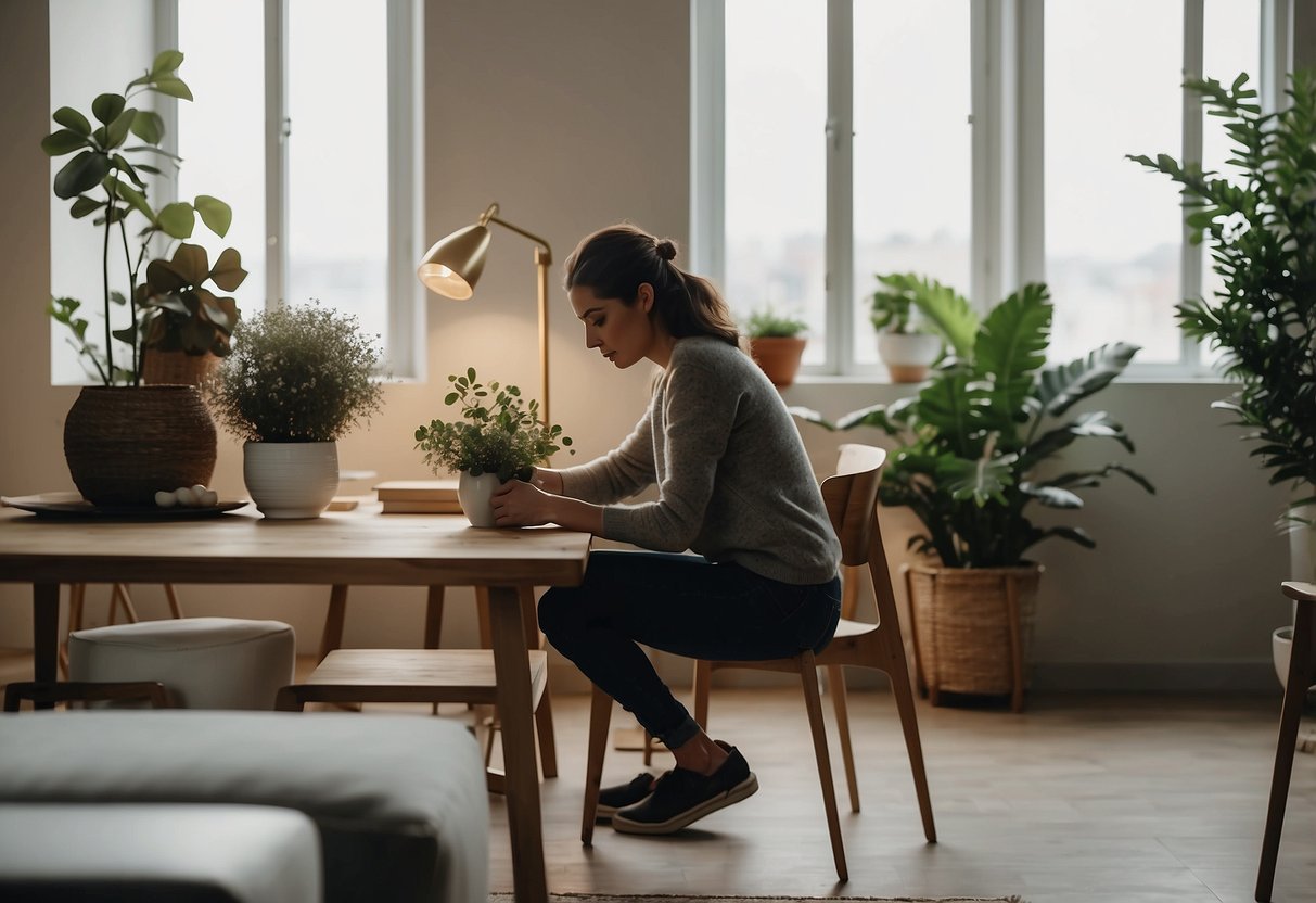 A person arranging and styling accent furniture in a well-lit room