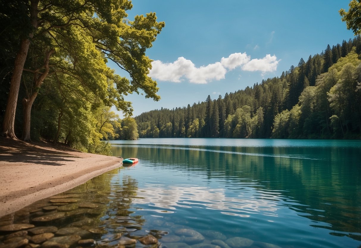 A serene lake with a colorful paddleboard resting on the shore, surrounded by lush green trees and a clear blue sky. A small shop sign in the background reads "Off-Season 7 Tips for Paddleboarding on a Budget."