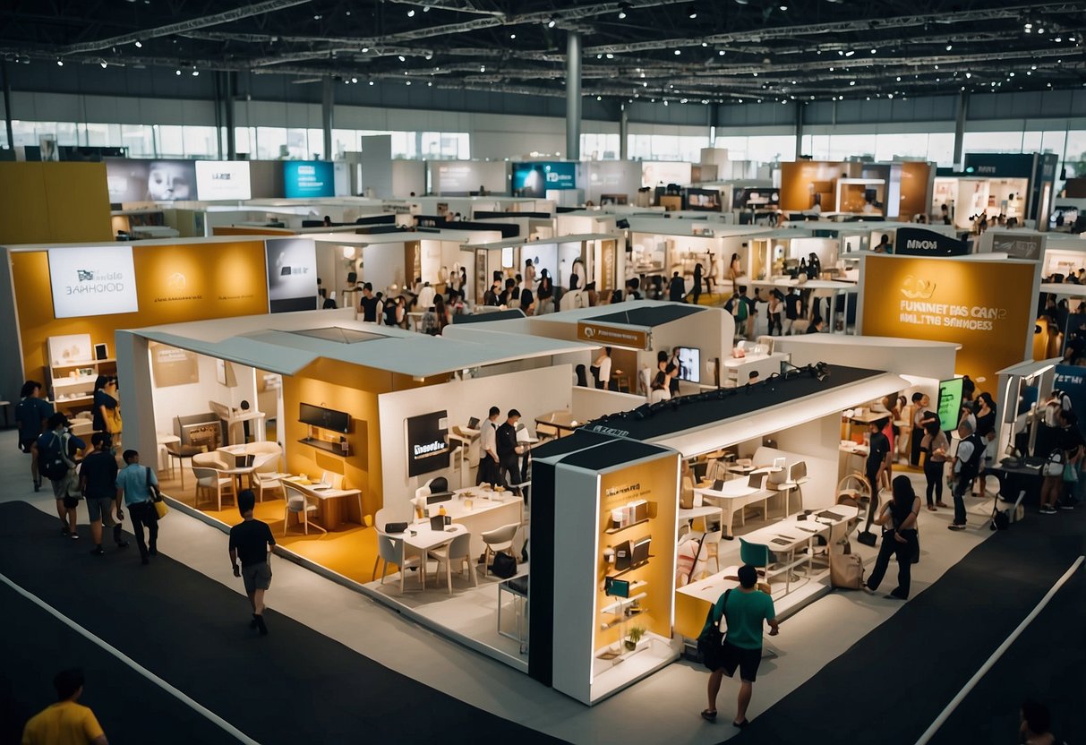 A bustling furniture fair at Singapore Expo, with vendors showcasing their latest designs and visitors browsing through the displays