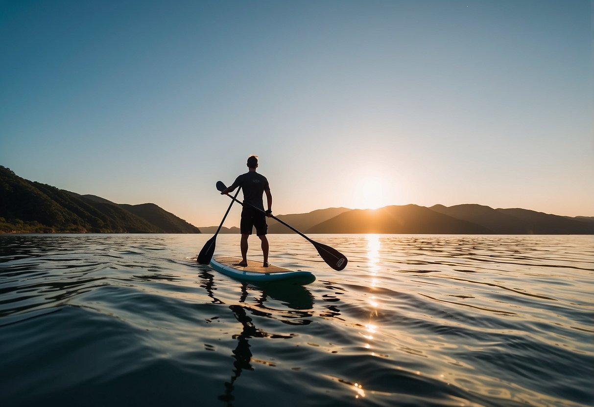 A paddleboarder with affordable gear and accessories glides across calm waters, utilizing budget-friendly tips for a successful outing