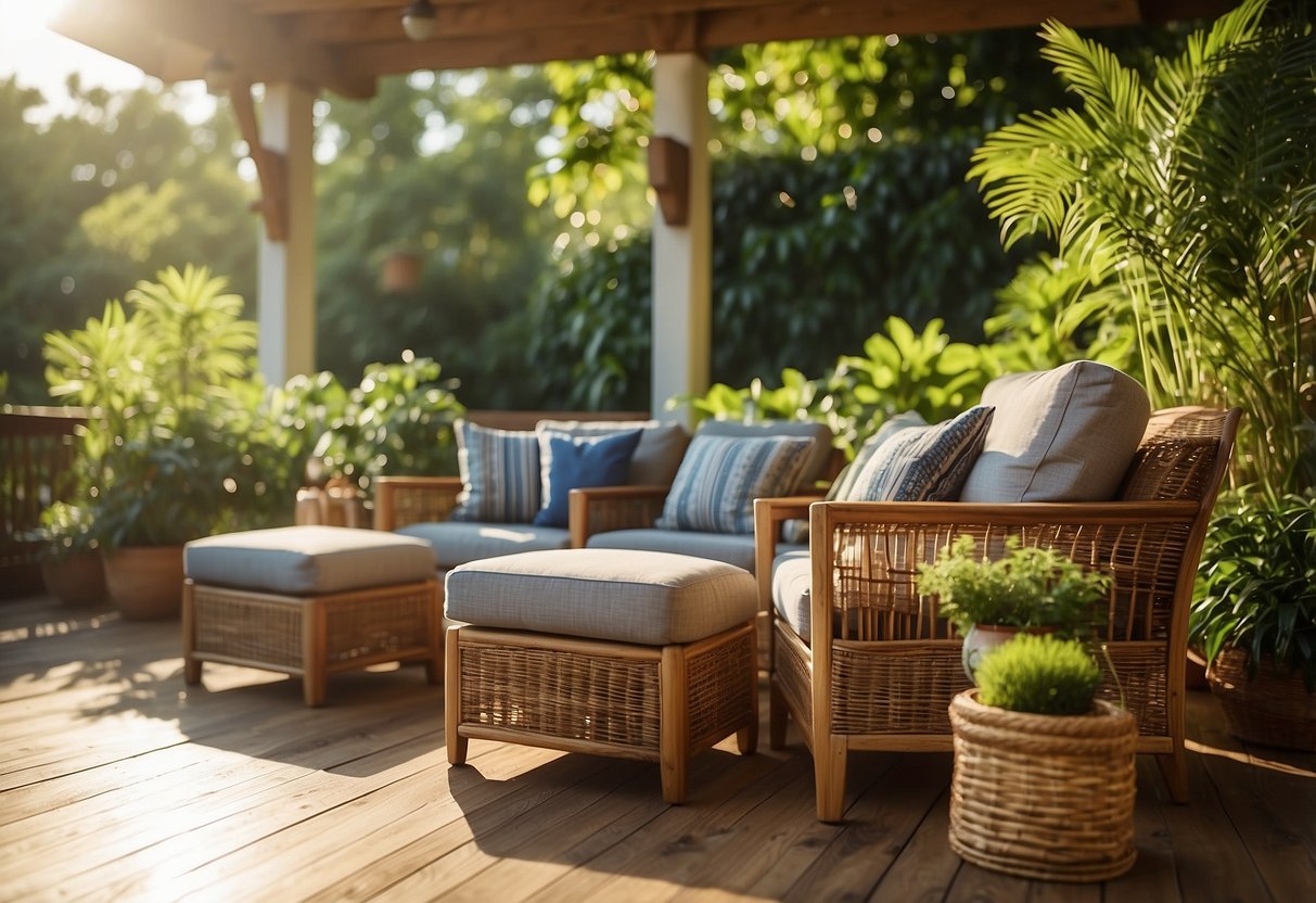 Teak and wicker outdoor furniture arranged on a patio, surrounded by lush greenery and bathed in warm sunlight