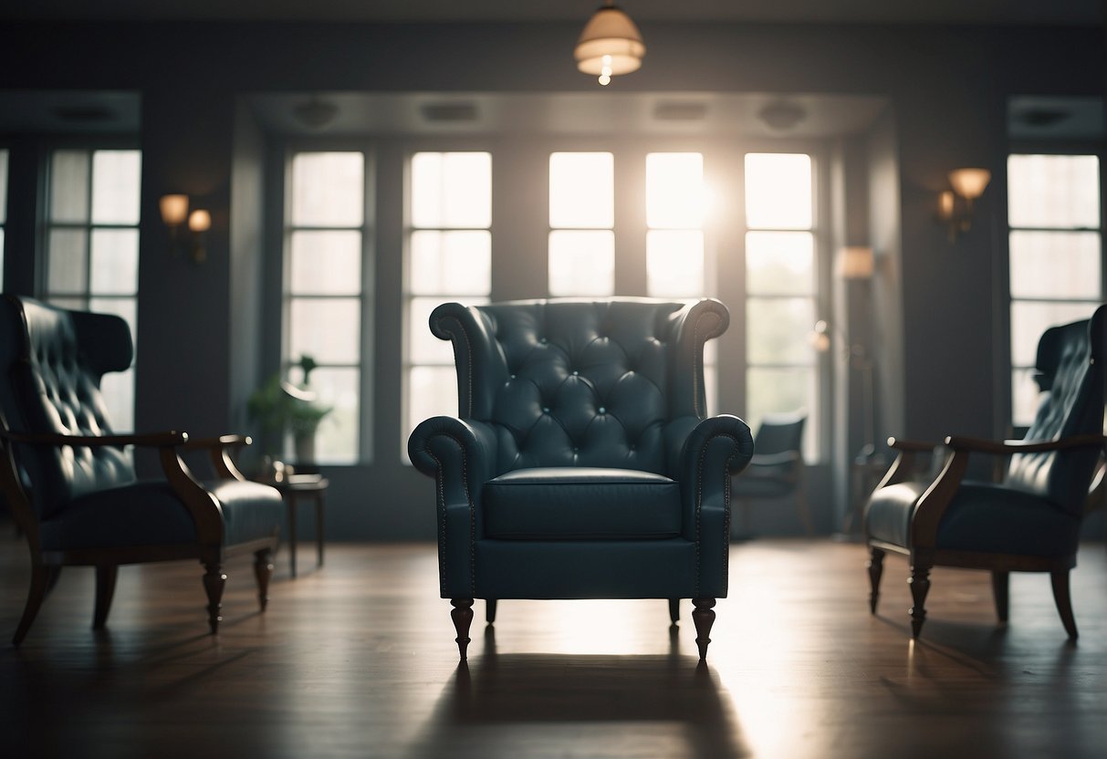 A room with a stylish accent chair and side table, surrounded by curious onlookers with question marks floating above their heads