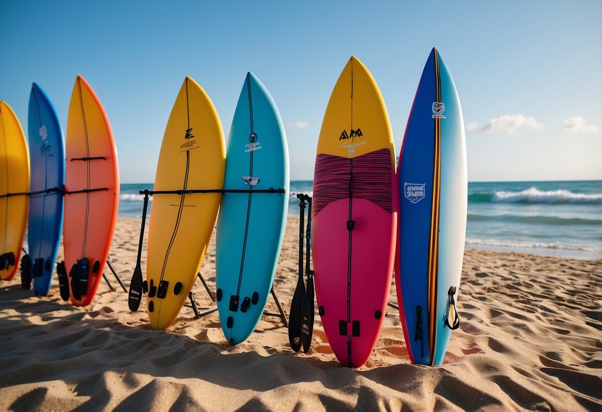 Five colorful lightweight vests displayed on a beach with paddleboards in the background. Sun shining, waves crashing, and a clear blue sky