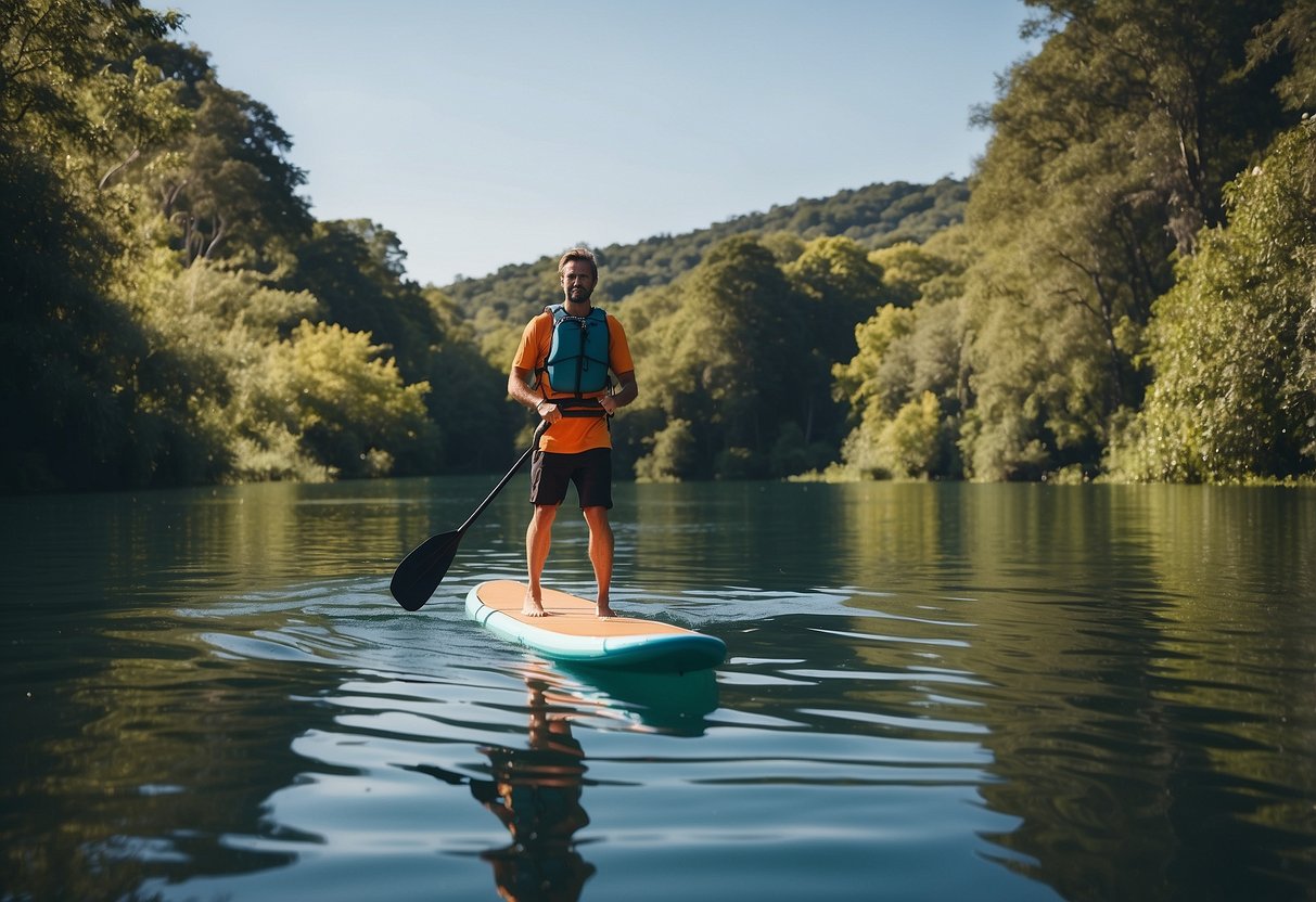 A person in a paddleboarding vest glides over calm water, surrounded by lush greenery and a clear blue sky