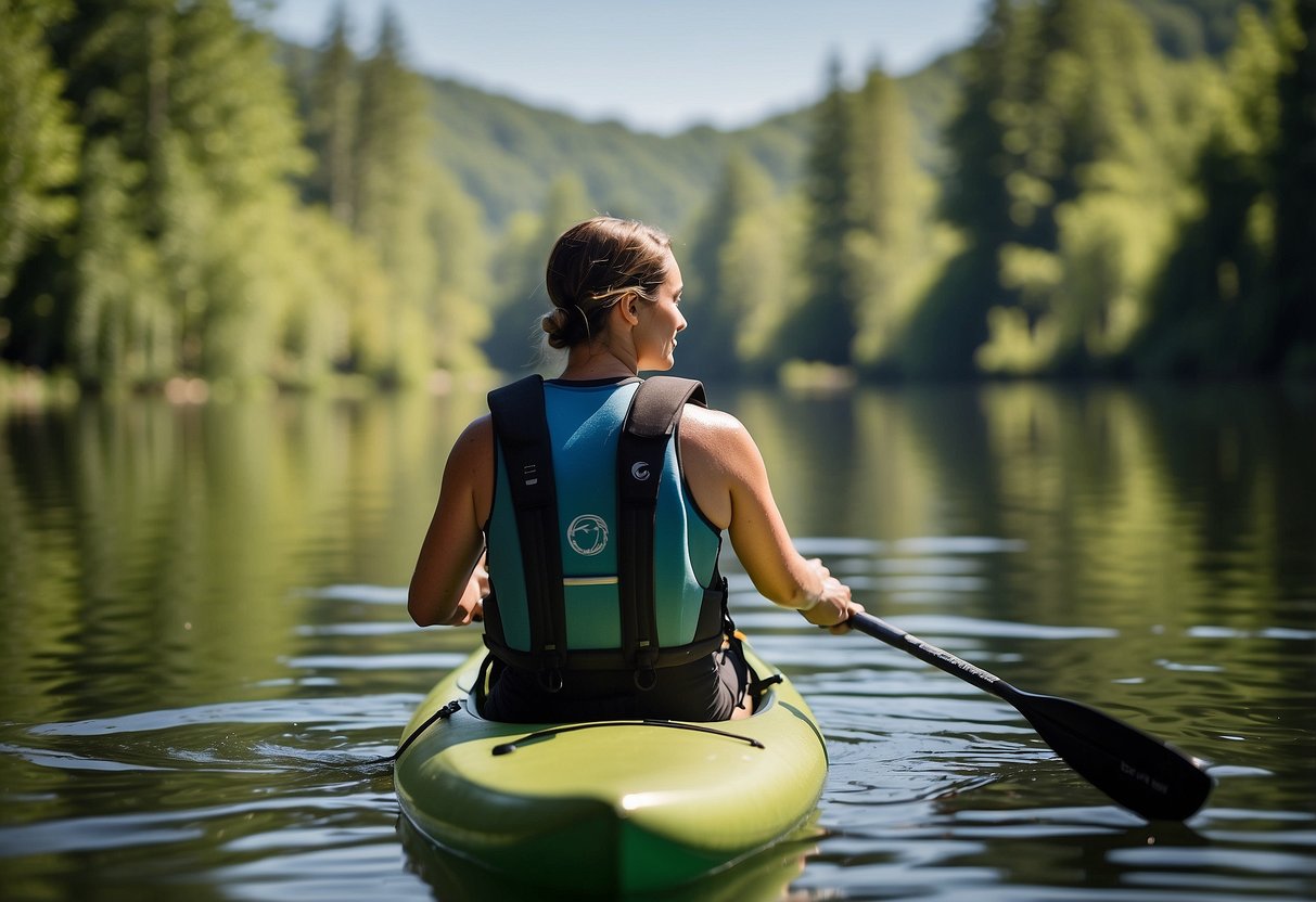 A person wearing a Stearns Comfort Series Collared Vest paddling on a calm river, surrounded by lush green trees and a clear blue sky