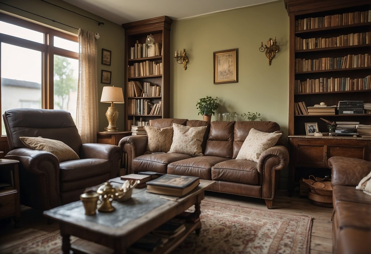 The living room is cluttered with old furniture, including a worn-out sofa, a dusty coffee table, and a chipped bookshelf