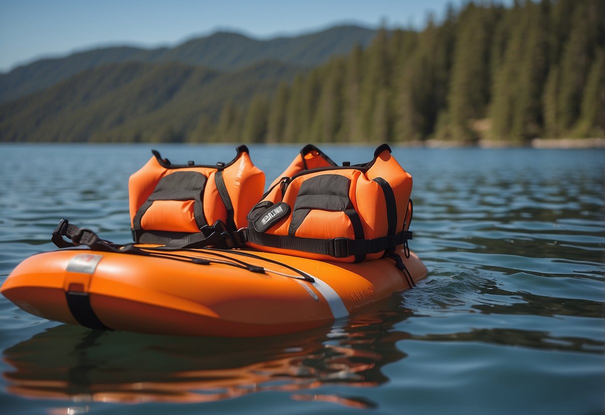 A bright orange Stohlquist Edge life jacket floats on calm water, with a paddleboard in the background. The lightweight vest is showcased against a serene outdoor backdrop