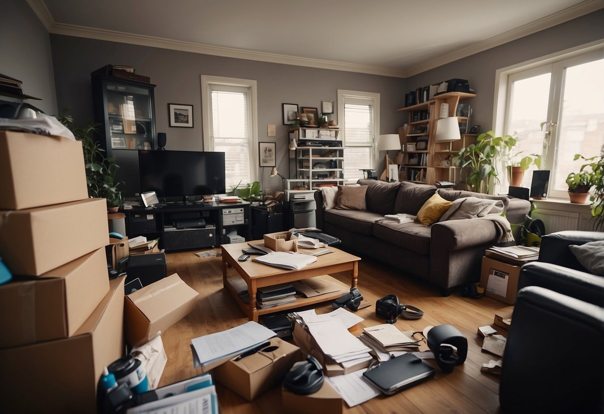 A cluttered living room with old furniture, boxes, and bags scattered around. A person is holding a clipboard, making notes and planning the house clearance