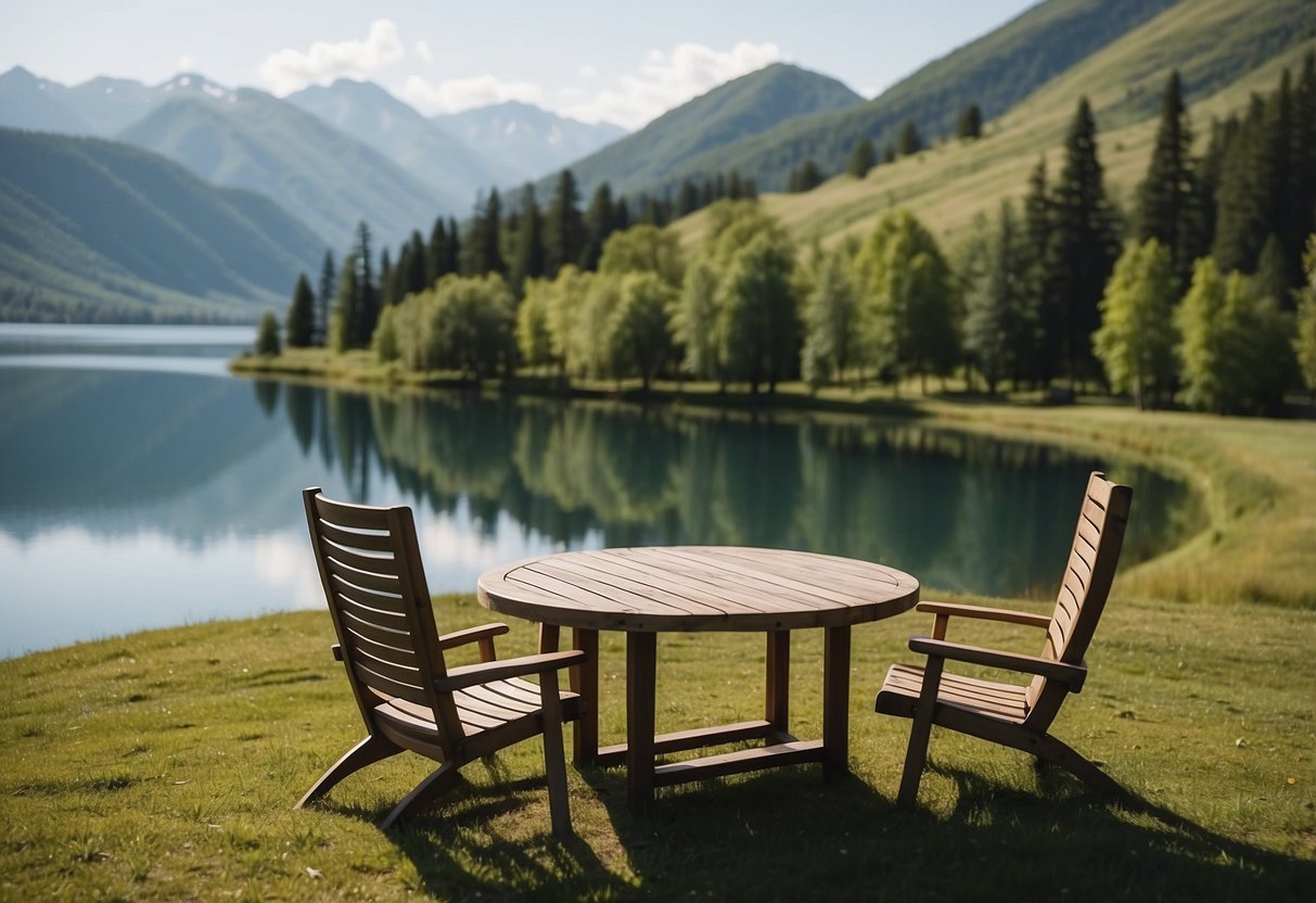 A wooden table and chairs sit on a grassy hill overlooking a serene lake, with mountains in the distance