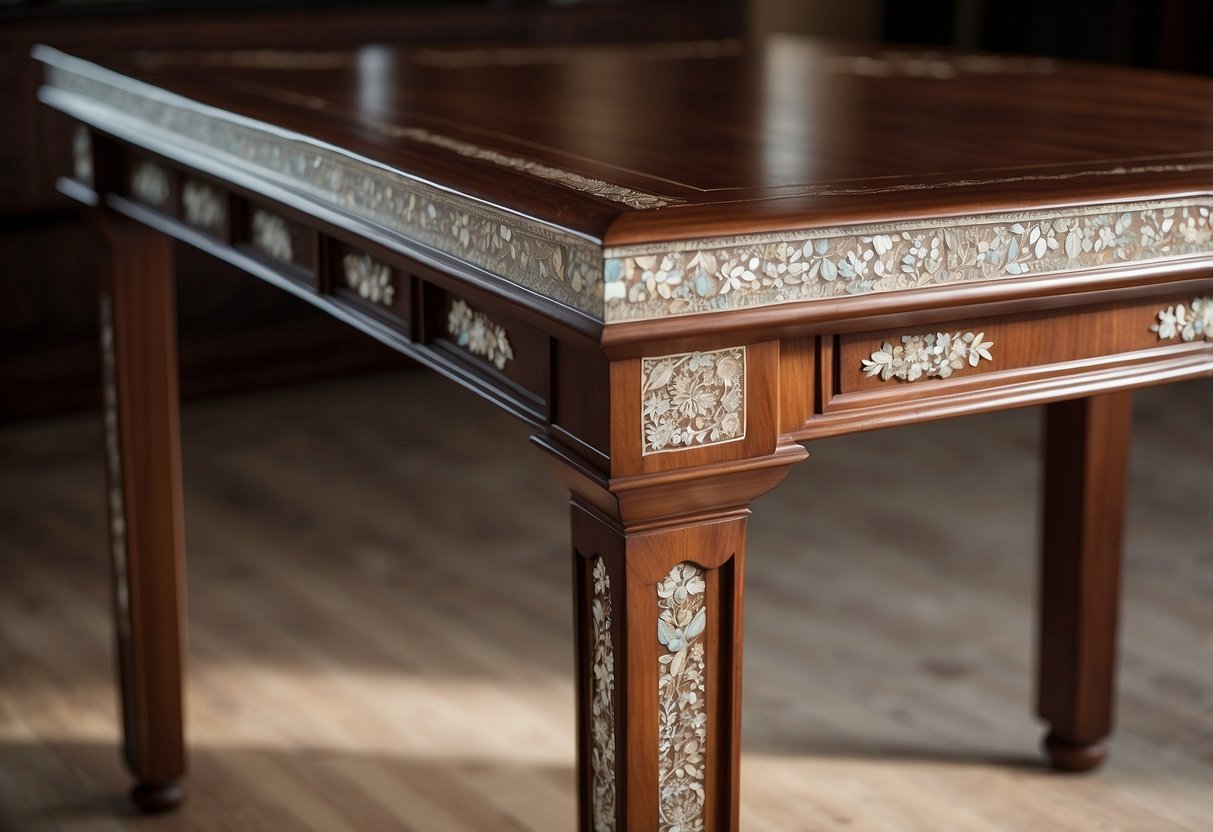 A grand mahogany table with intricate mother of pearl inlay. The delicate designs shimmer in the soft light, creating an elegant and luxurious atmosphere