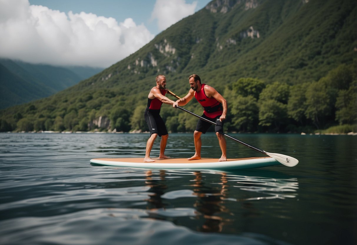 A paddleboarder struggles to balance, leans too far back, and falls into the water. Another boarder grips the paddle incorrectly, causing inefficient strokes