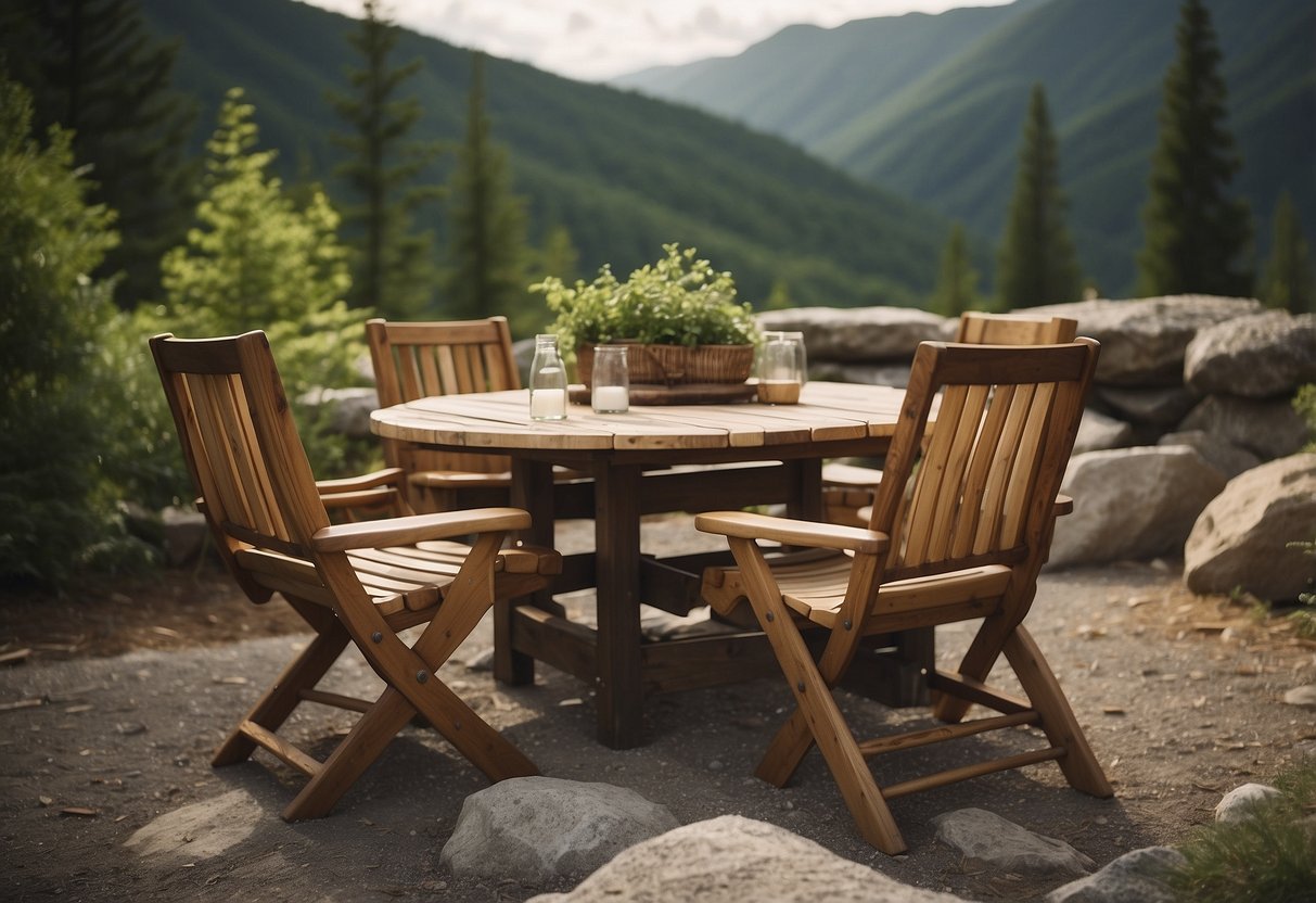 A rugged outdoor setting with essential terrain furniture like a sturdy table and chairs, surrounded by natural elements like trees and rocks