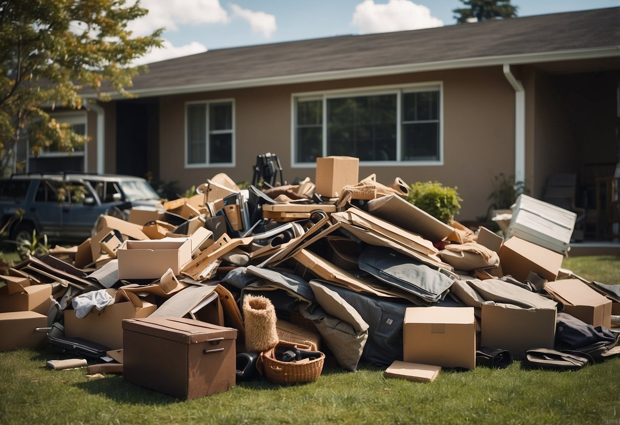 Various furniture items being removed from a house, piled up for disposal