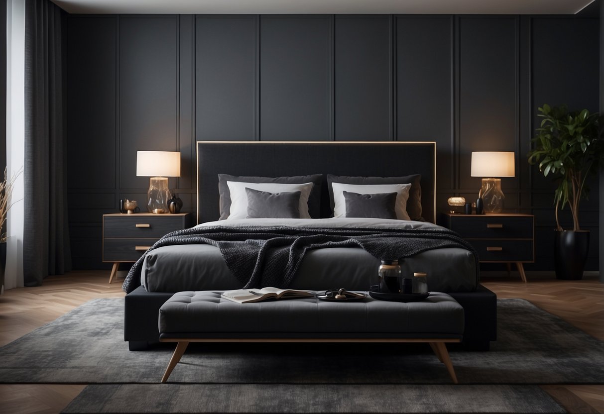 A dimly lit bedroom with sleek, dark grey furniture. A large bed with matching nightstands and a dresser create a modern, sophisticated atmosphere