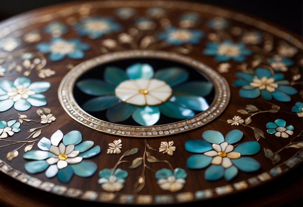 A gleaming mother of pearl inlay table reflects soft light, intricate floral patterns shimmering against a dark wood background