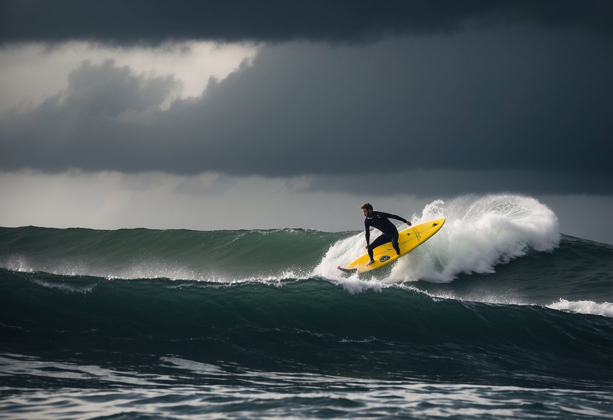 A paddleboarder navigating rough waters, ignoring stormy weather conditions. Waves crashing, wind blowing, and dark clouds overhead