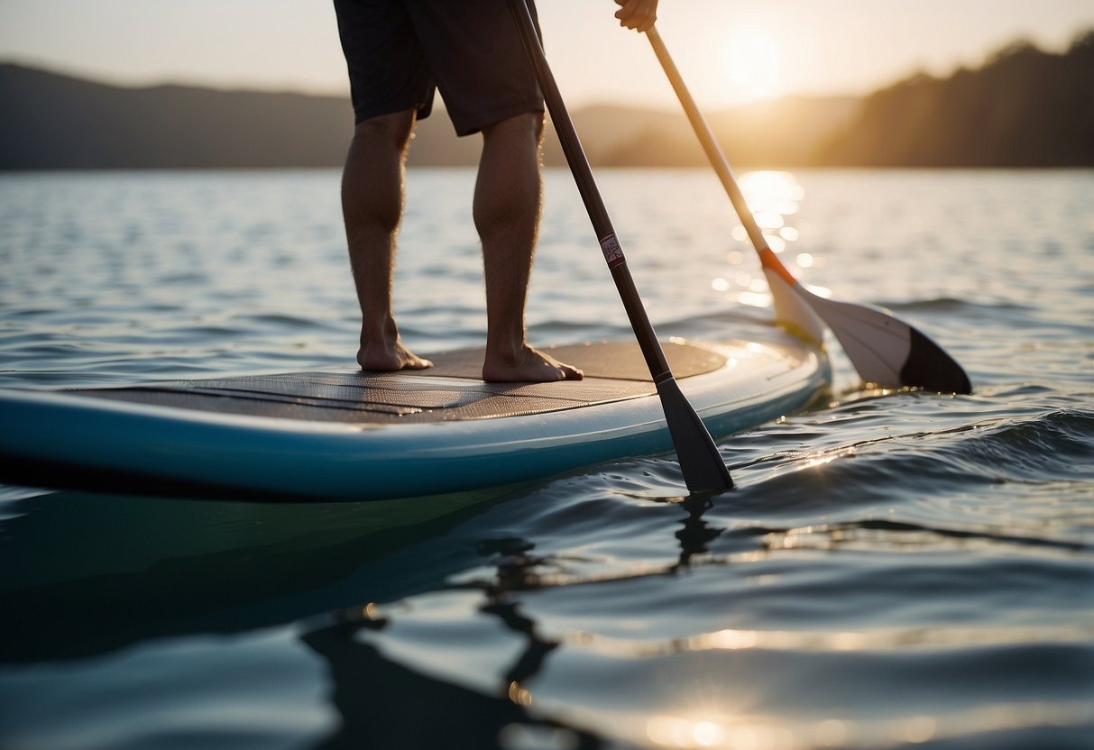 A person standing on a paddleboard that is too small, struggling to maintain balance as the board dips into the water