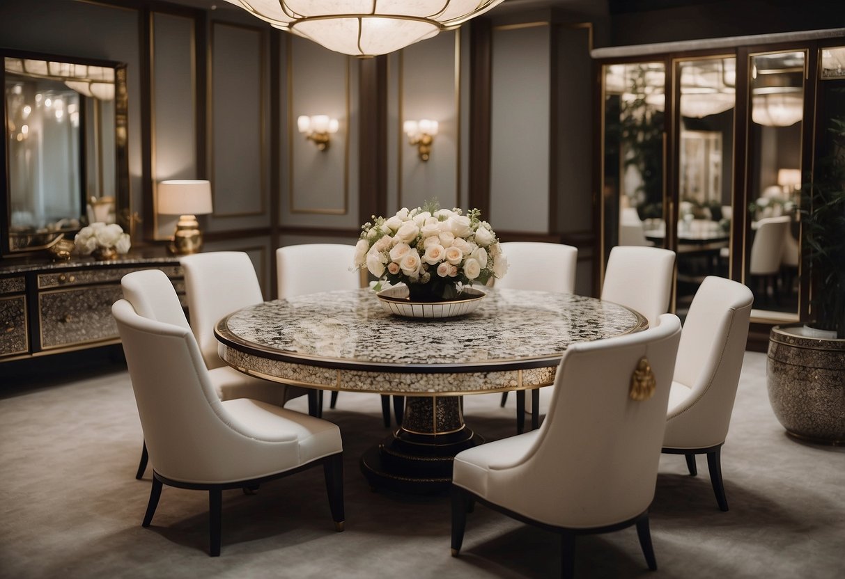 A room filled with elegant mother of pearl inlay furniture, including tables, chairs, and cabinets, creating a luxurious and sophisticated atmosphere