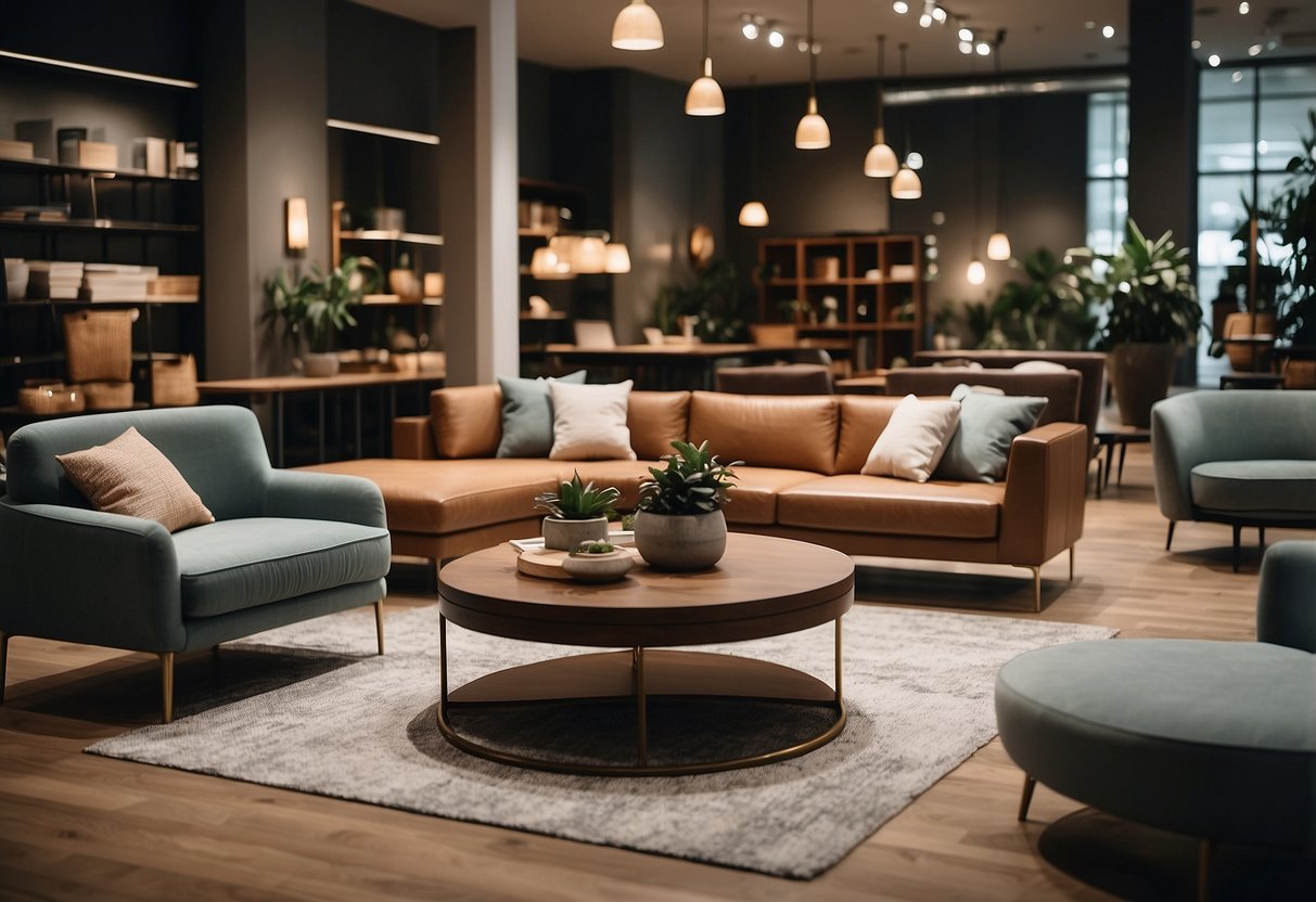 A modern, spacious furniture store with sleek, minimalist designs. Various textures and earthy tones create a trendy, inviting atmosphere