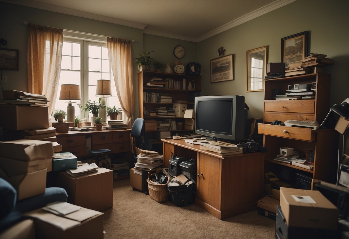 A cluttered room with old furniture and boxes, a sign reading "Frequently Asked Questions house clearance furniture" on the wall