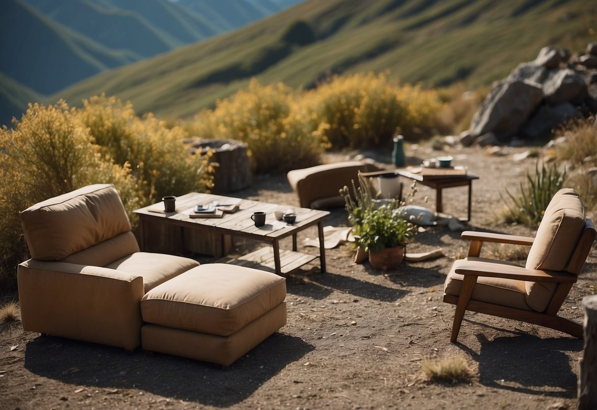 A rugged landscape with various types of furniture scattered around