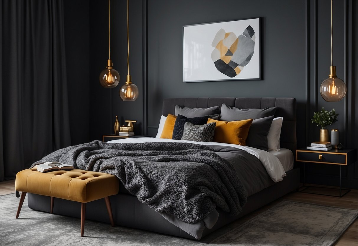 A dark grey bedroom with a sleek, modern bed and matching furniture. A pop of color from vibrant throw pillows and a cozy blanket. Decorative accents like metallic lamps and geometric wall art complete the stylish look