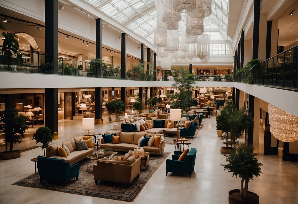 A bustling furniture mall with rows of elegant sofas and tables, vibrant rugs, and gleaming chandeliers. Shoppers browse through the displays, admiring the modern and classic designs
