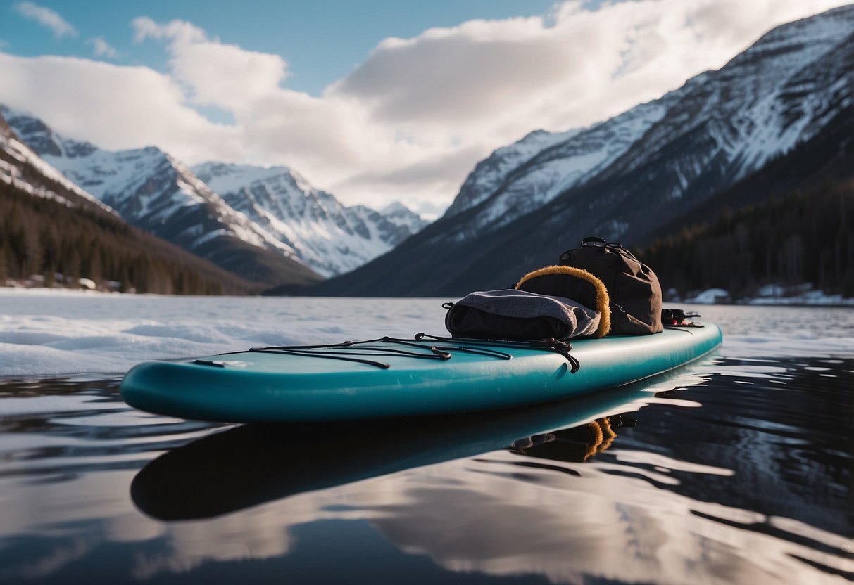 A paddleboard floats on calm water, surrounded by snow-capped mountains. A thick, insulated wetsuit lays on the board, along with a thermos of hot tea and a cozy fleece blanket