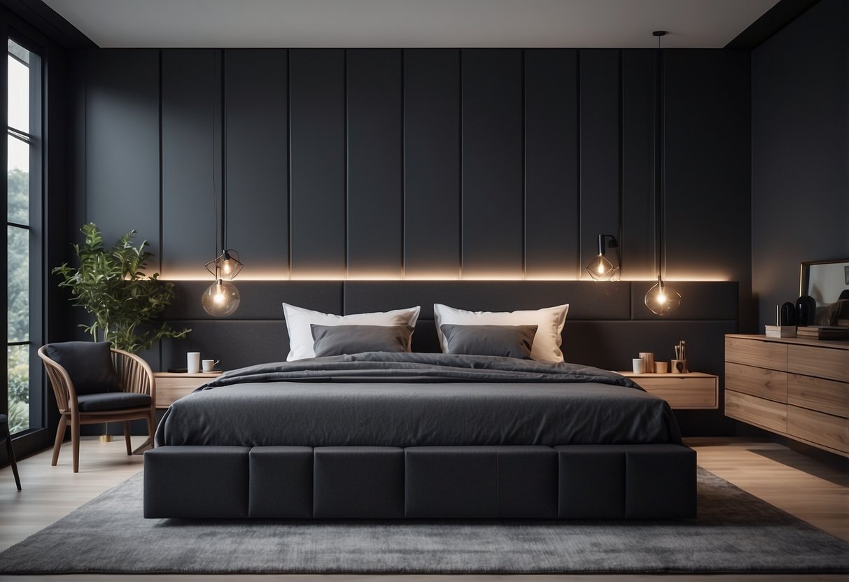 A modern bedroom with dark grey furniture, including a bed, nightstand, and dresser. The room is well-lit with a contemporary feel