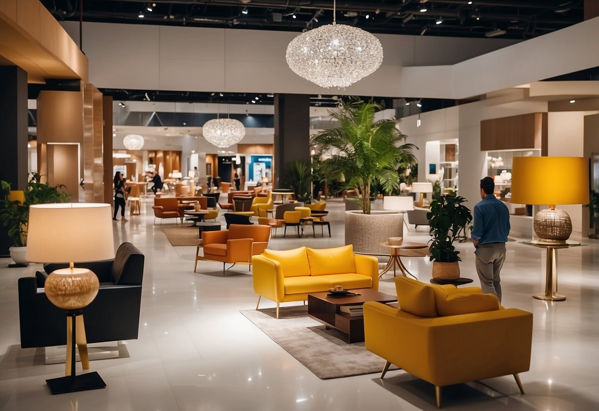 Visitors browse through modern furniture displays in a spacious, well-lit mall. Vibrant colors and sleek designs catch the eye