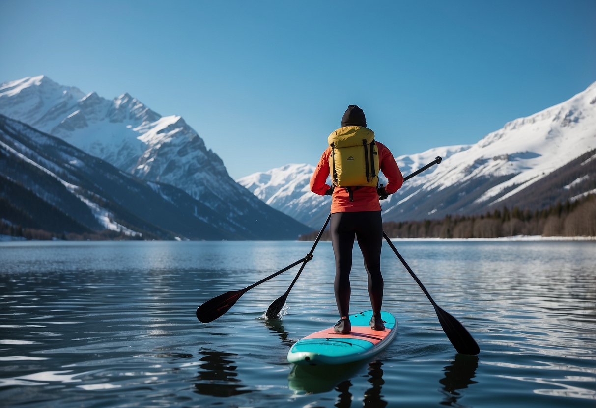 A paddleboarder wearing thermal booties paddling through calm waters, surrounded by snow-capped mountains under a clear blue sky