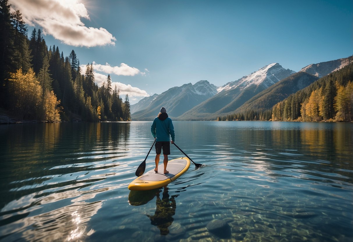 A person paddleboarding on a calm lake, wearing a fleece hat, surrounded by mountains and trees, with a clear blue sky above