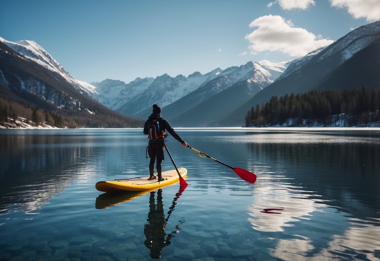 A paddleboarder wearing quick-dry clothing paddles on a calm, blue lake surrounded by snow-capped mountains under a clear, sunny sky