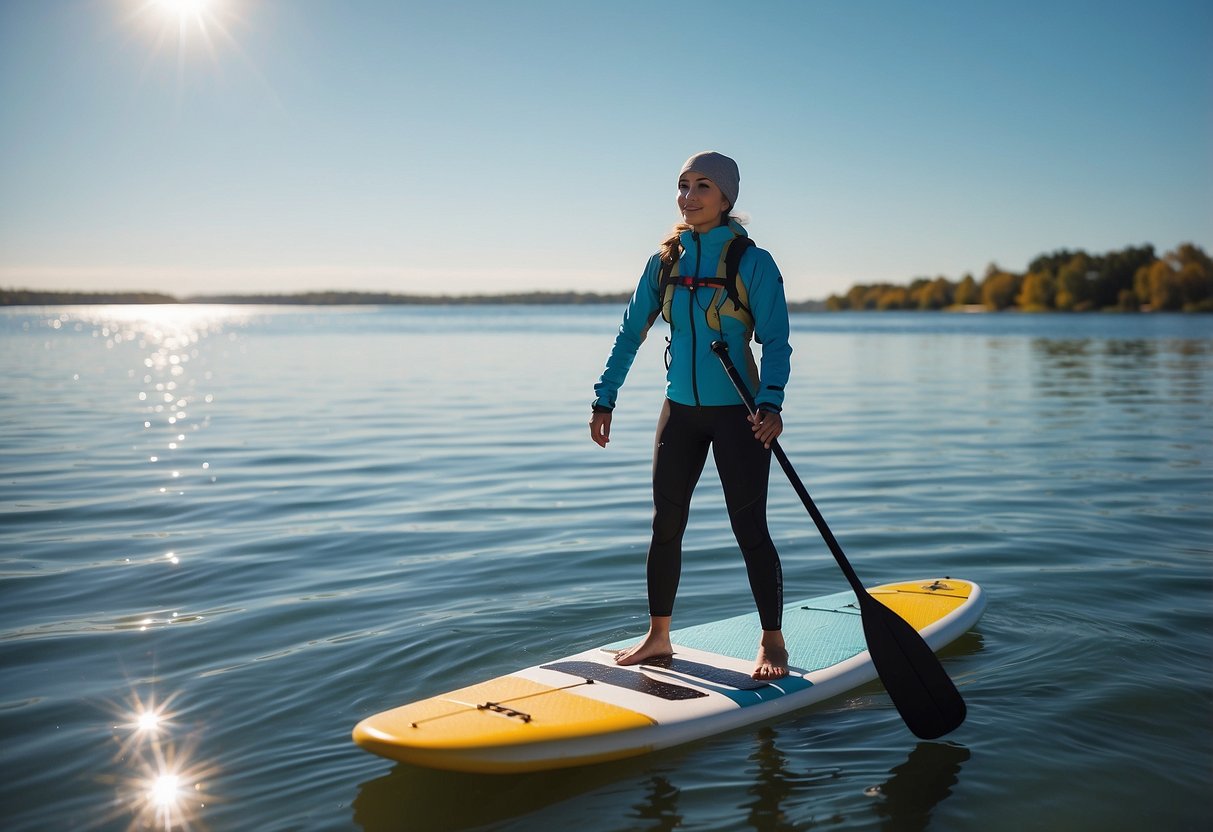 A person on a paddleboard wearing a windproof jacket, surrounded by calm water and a clear blue sky