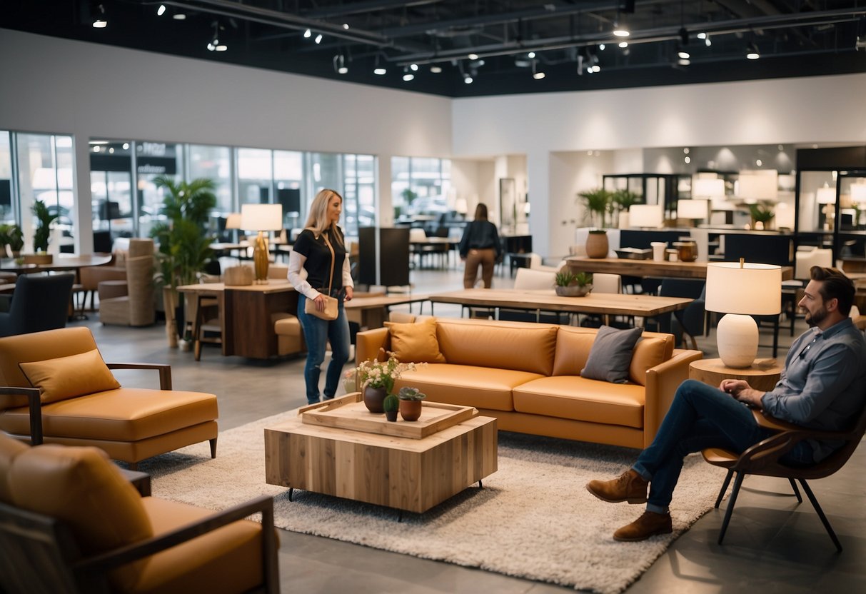 Customers browse modern furniture displays in a spacious, well-lit showroom. Sales associates assist shoppers, while delivery trucks unload new inventory