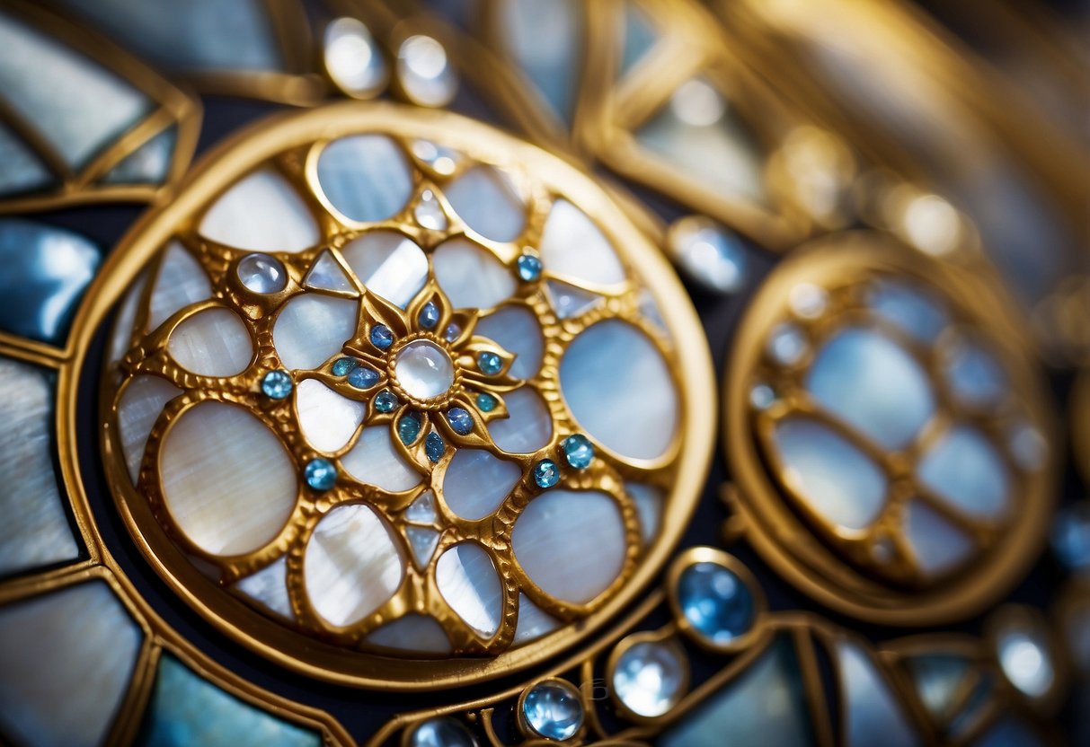 A detailed close-up of a mother of pearl inlay furniture piece, showcasing intricate patterns and delicate craftsmanship