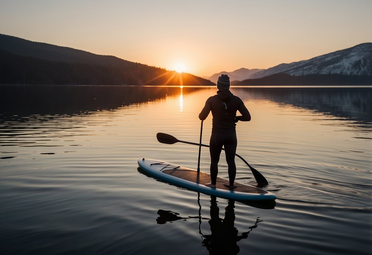 A paddleboarder stands on a calm lake, wearing a wetsuit, gloves, and a beanie. They carry a thermos of hot tea and a waterproof bag. The sun is setting, casting a warm glow over the water