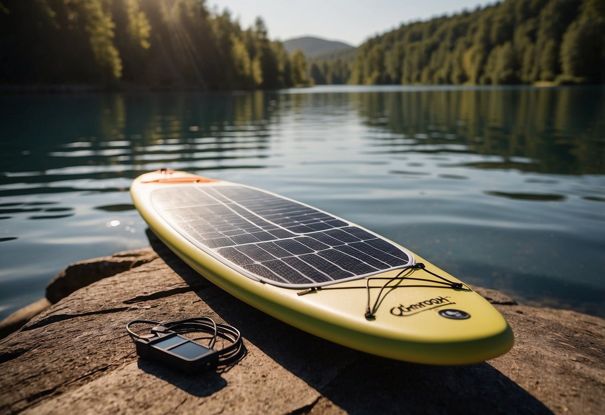 A paddleboard sits on a calm, sunlit lake. Five solar chargers are neatly arranged next to it, ready for use on a peaceful paddleboarding trip