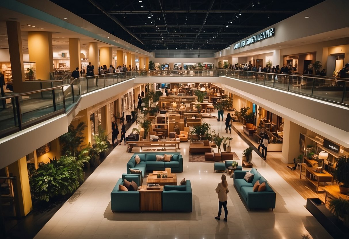 A bustling furniture mall with customers browsing, salespeople assisting, and a variety of furniture on display. Bright lights and colorful displays create a lively atmosphere