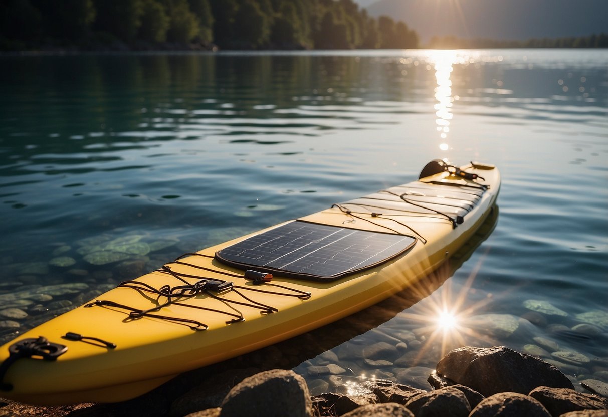 A bright sun shines down on a paddleboarder's gear, including the Anker PowerPort Solar Lite charger, surrounded by the serene waters and scenic shoreline